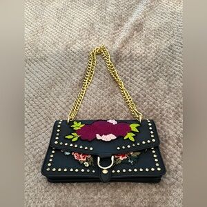 Kiss Me Couture Floral Embroidered Black Bag with Gold Chain